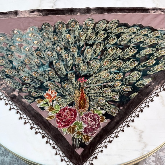 Vintage Peacock Velvet Beaded Tango Shawl | Fringe Wrap - Picture 2 of 7